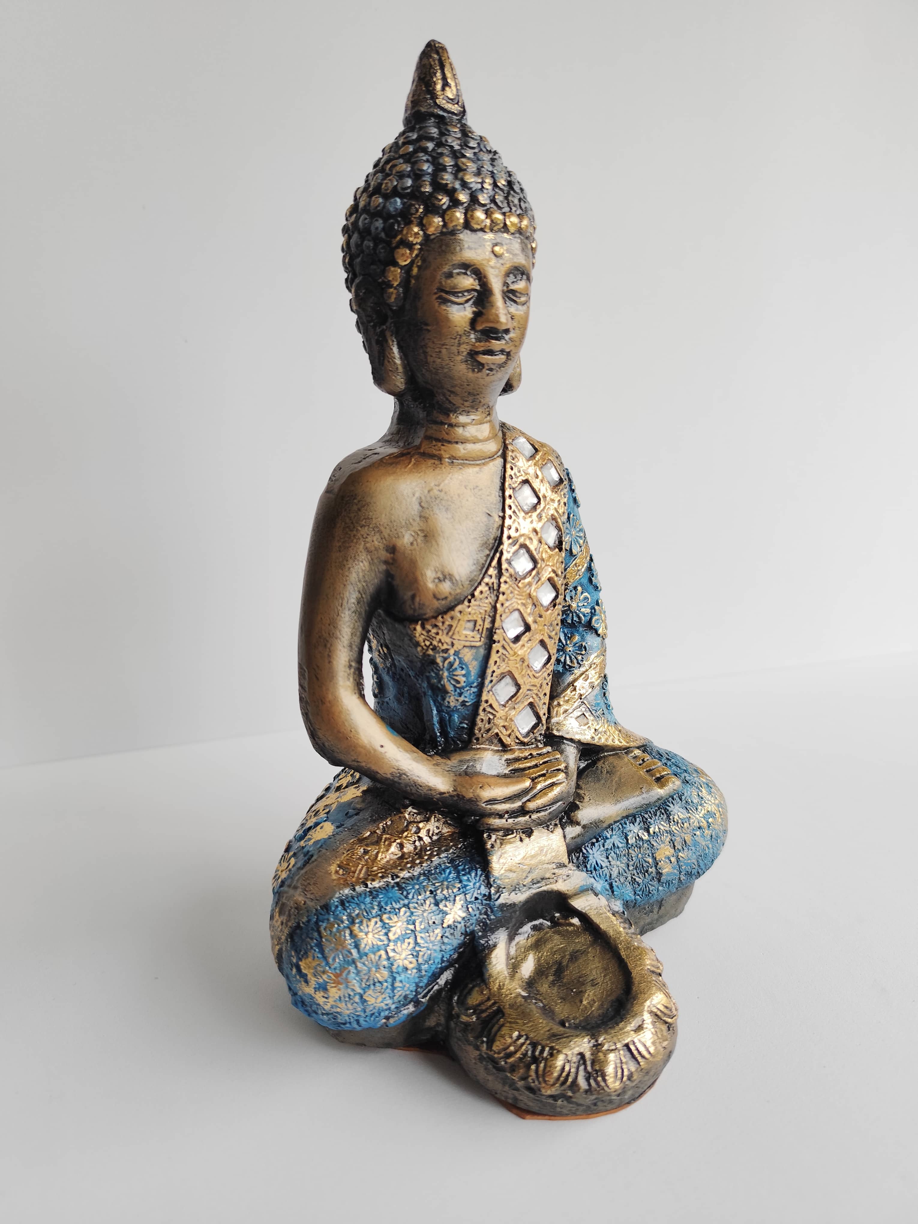 Buda Azul Medio Loto Yeso Pintado a Mano - Artesanías Mariel