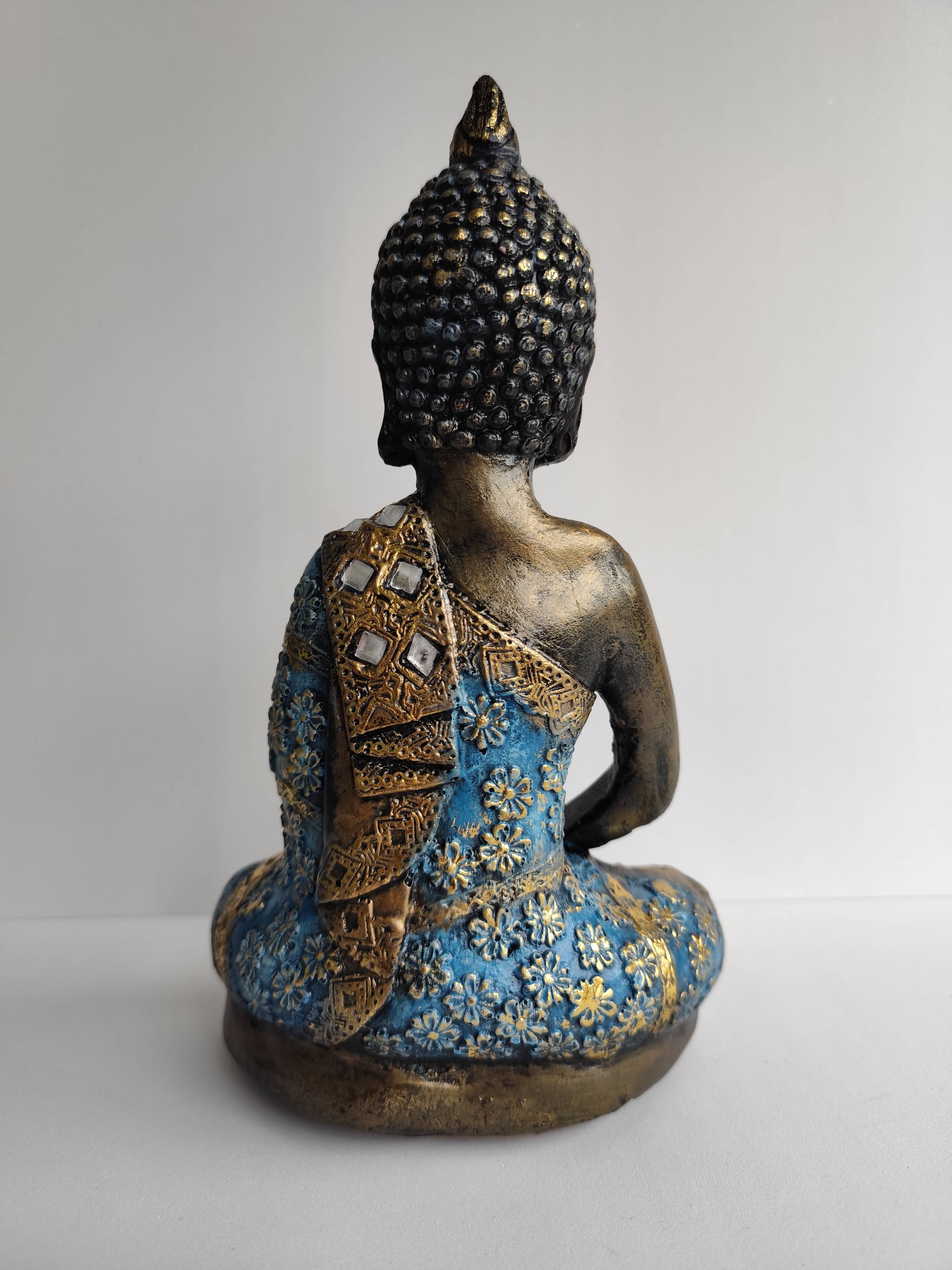 Buda Azul Medio Loto Yeso Pintado a Mano - Artesanías Mariel